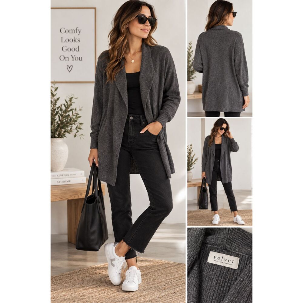 VELVET By Graham & Spencer Rylea Cozy Rib Gray Open Cardigan in Size M